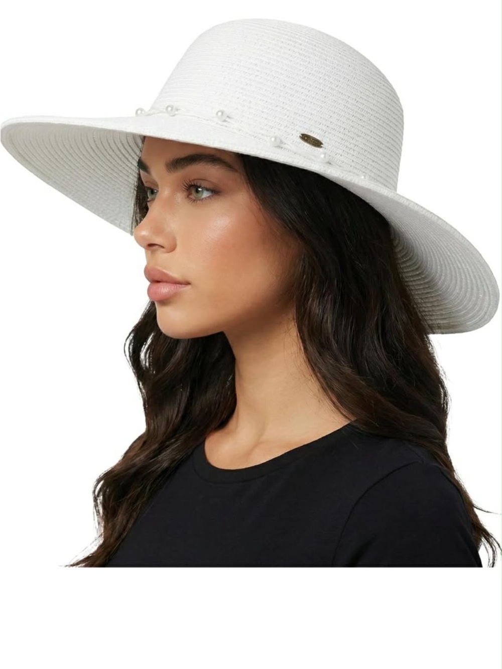 C.C White Wide-Brim Straw Sun Hat with Pearl Trim